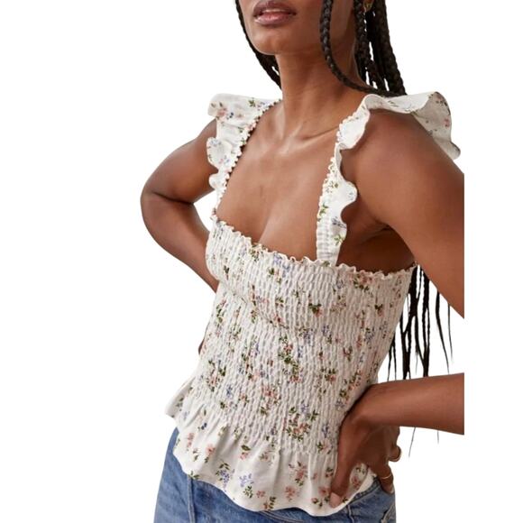 Reformation Linen Tank Top Junebug Sleeveless Smocked Floral Shirt - Picture 2 of 10